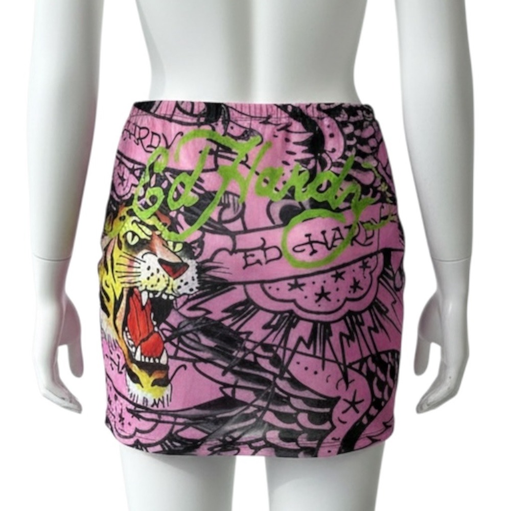 NEW Ed Hardy Tiger Tattoo Print‎ Mini Skirt Women's Size 1X Pink Mesh Y2K